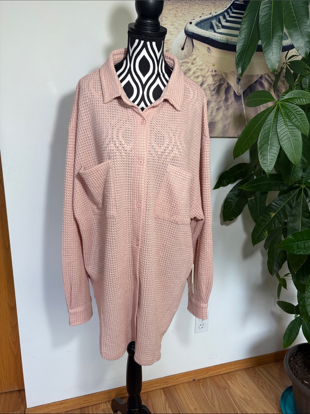 NWT KUWALLA Relaxed Light Pink Waffle-Knit Button-Up Cardigan BEAUTIFUL